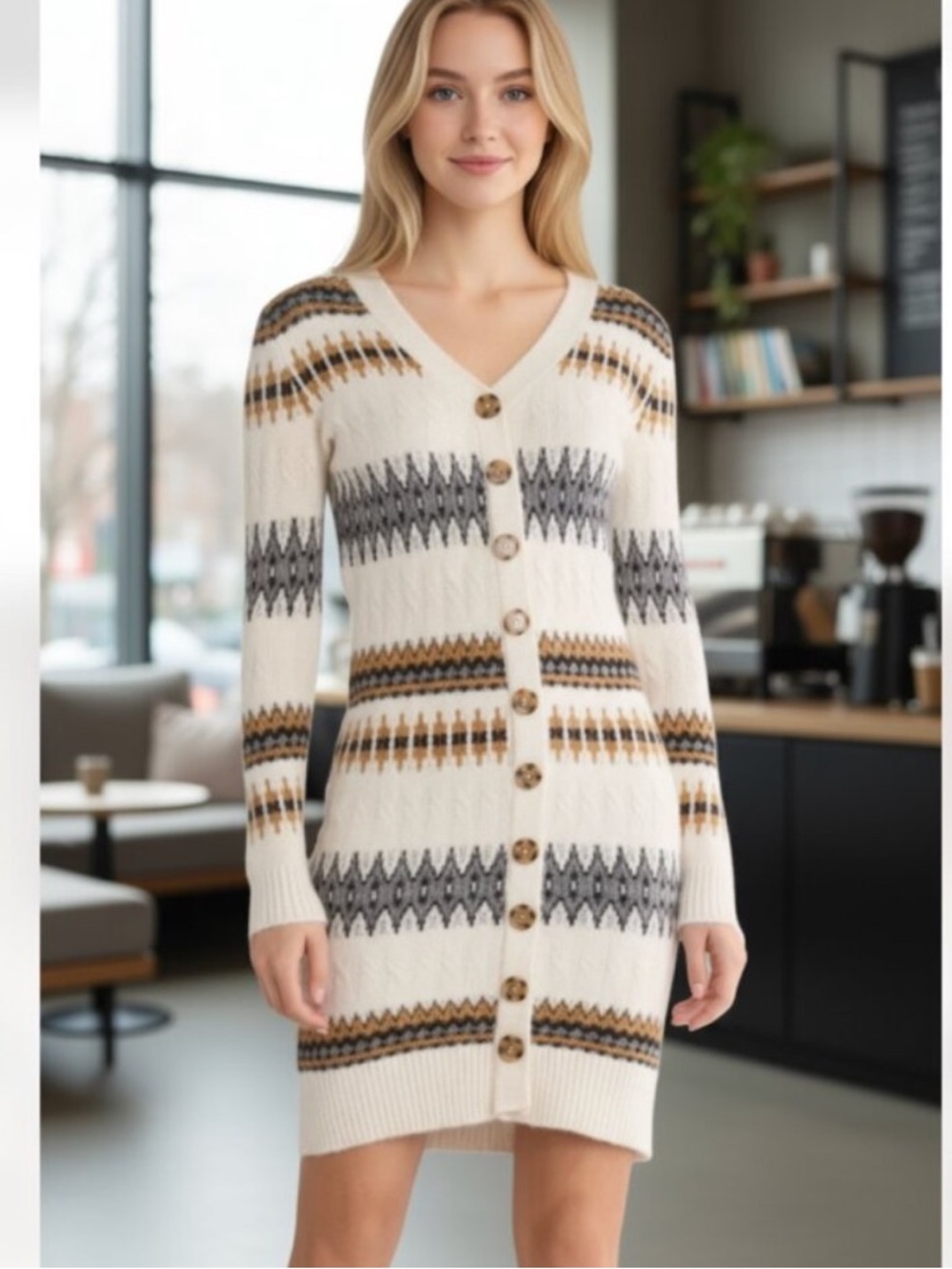 Lucky Brand Fair Isle Cardigan Boho Sweater Dress Cream Multi Size XL